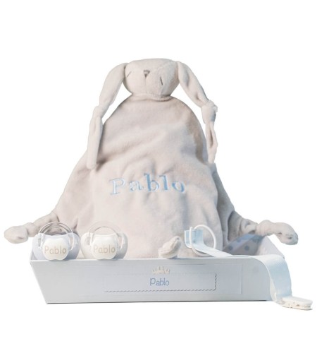 Pack Doudou y 2 chupetes personalizados con nombre del bebé con sujetachupetes rosa