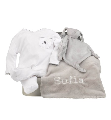 Canastilla Manta Personalizada y Pijama y doudou personalizado gris