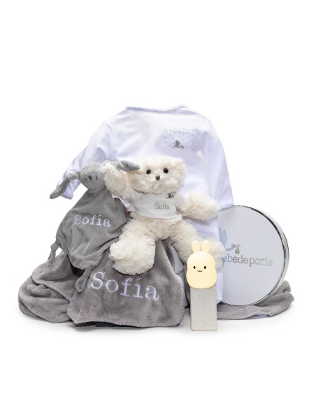 Lámpara de Luz + Oso de Peluche + Pijama + Doudou y Manta Personalizadaa