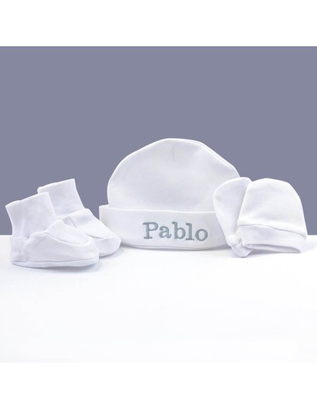 Conjunto patucos manoplas y gorro personalizado blanco